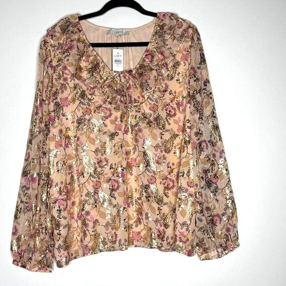 New LOFT Shimmer Floral Ruffle Tie Neck Blouse Women's Size XXL - Picture 7 of 7